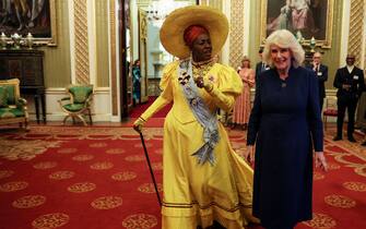 LONDON, ENGLAND - FEBRUARY 18: Queen Camilla with actor Sharon D Clarke, on the day she attends a reception for staff, actors and supporters of the National Theatre at Buckingham Palace on February 18, 2025 in London, England. (Photo by Isabel Infantes - WPA Pool/Getty Images)