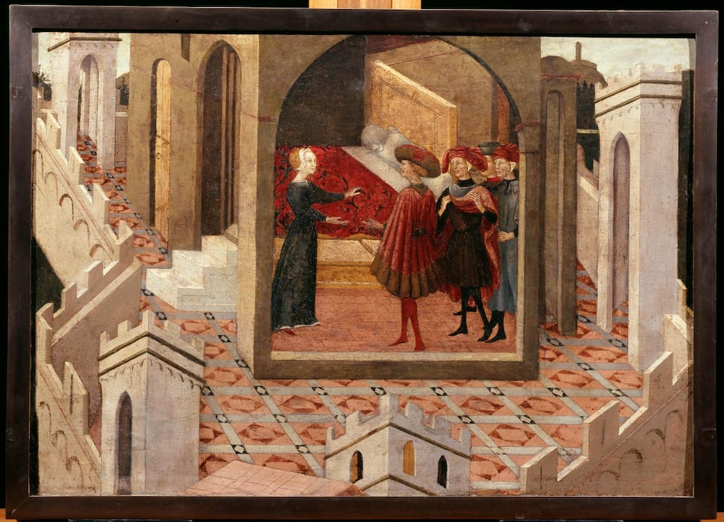 Pittore senese attivo intorno alla metà del XV secolo, Lucrezia premedita il suicidio. Avignone, Musée du Petit Palais – Louvre en Avignon, inv. MI 438 (in deposito, proprietà Musée du Louvre).