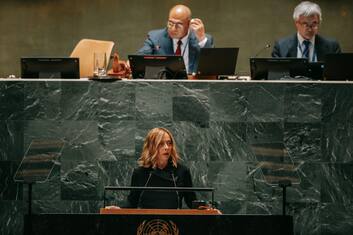 epa11623168 Italian President of the Council of Ministers Giorgia Meloni speaks during the General Debate of the 79th United Nations General Assembly session at United Nations Headquarters in New York, New York, USA, 24 September 2024. The annual high-level General Debate gathers world leaders from 24 to 28 September and 30 September under the theme, 'Leaving no one behind acting together for the advancement of peace, sustainable development, and human dignity for present and future generations.'  EPA/OLGA FEDOROVA