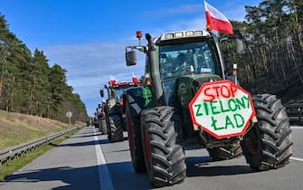 25 February 2024, Poland, Slubice: Farmers from Poland are driving their vehicles on the A2 autostrada (European route 30) towards the German-Polish border (Frankfurt/Oder). The protests by Polish farmers, which have been going on for weeks, are directed against the EU agricultural policy, but also against the import of cheap agricultural products from Ukraine. Photo: Patrick Pleul/dpa (Photo by Patrick Pleul/picture alliance via Getty Images)