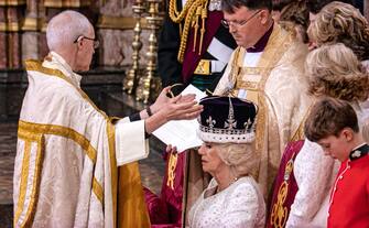 Queen Camilla Coronation, crowned with the Crown of Queen Mary and Queen Camilla, it is a consort crown that was made in 1911 for the British queen Mary of Teck and later used by Queen Camilla. It forms part of the Crown Jewels of the United Kingdom. It was used to crown Queen Camilla at her Coronation with King Charles III on 6 May 2023 by Archbishop of Cantebury Justin Welby. Westminster Abbey Westminster London UK