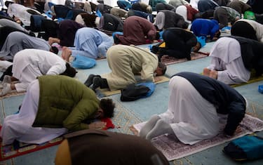 Worshippers at Green Lane Mosque in Birmingham take part in a prayer sitting to celebrate Eid al-Fitr. The celebration marks the end of the Muslim month of fasting, called Ramadan. Picture date: Thursday May 13, 2021.