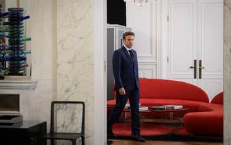 President Emmanuel Macron holds talks with the opposition seeking to end the deadlock sparked by his failure to secure a majority in parliamentary elections at the Elysee Palace, in Paris, France on June 21, 2022. Macron hosted political party chiefs for rare talks at the Elysee as he seeks solutions to an unprecedented situation that risks plunging his second term into crisis two months after it began. Photo by Eric Tschaen/Pool/ABACAPRESS.COM