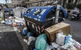 un cassonetto circondato da rifiuti
