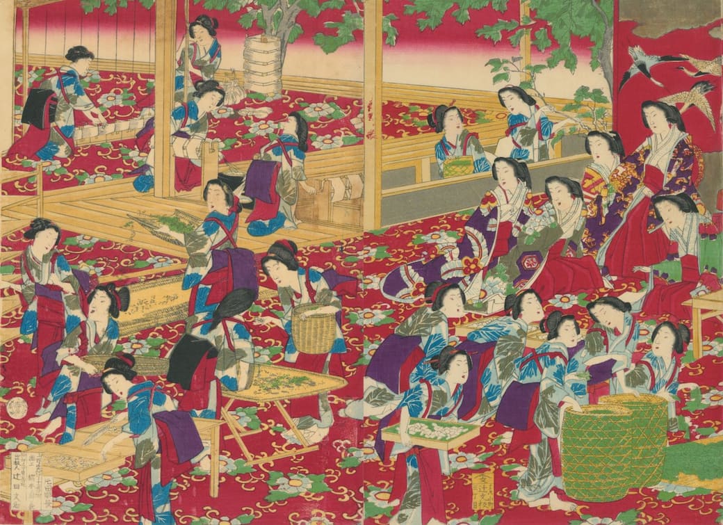 Chikanobu Yoshu, Yozan-goichiran-no-zu (Visita importante a un allevamento di bachi da seta), ottobre 1877 (Meiji 10), trittico di xilografie a colori. Collezione Museo d’Arte Orientale Mazzocchi, Coccaglio.