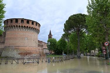 A view shows a flooded street in the town of Bagnara di Romagna, near Imola, on May 18, 2023 after heavy rains caused flooding across Italy's northern Emilia Romagna region, killing nine people. (Photo by Andreas SOLARO / AFP) (Photo by ANDREAS SOLARO/AFP via Getty Images)