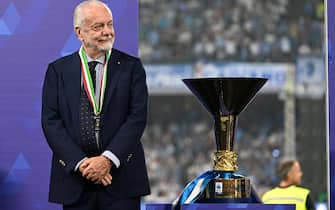 NAPLES, ITALY - JUNE 04: President of SSC Napoli, Aurelio De Laurentiis, looks on next to the Serie A trophy following the Serie A match between SSC Napoli and UC Sampdoria at Stadio Diego Armando Maradona on June 04, 2023 in Naples, Italy. (Photo by Francesco Pecoraro/Getty Images)