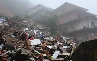 A general view of the rubble of houses destroyed due to heavy rains in Petropolis, Brazil, on March 23, 2024. A powerful storm has claimed at least nine lives in southeastern Brazil, particularly in the mountainous part of Rio de Janeiro state, where authorities on Saturday deployed rescue teams to deal with a "critical" situation. (Photo by Pablo PORCIUNCULA / AFP) (Photo by PABLO PORCIUNCULA/AFP via Getty Images)