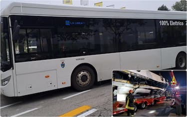 modello del bus dell'incidente a mestre e una foto dell'incidente 