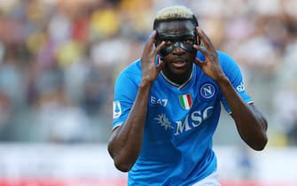 Victor Osimhen of Napoli celebrates after scoring 1-2 goal during the Serie A soccer match between Frosinone Calcio and SSC Napoli at Benito Stirpe stadium in Frosinone, Italy, 19 August 2023. ANSA/FEDERICO PROIETTI