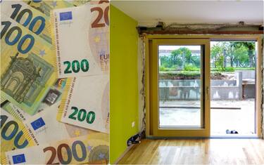 collage: banconote e finestra in ristrutturazione