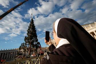 A nun looks on  fir tree from the Piemonte region is erected to serve as a Christmas tree in St. Peter's Square, Vatican,  23 November 2023. 
ANSA/GIUSEPPE LAMI