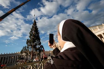 A nun looks on  fir tree from the Piemonte region is erected to serve as a Christmas tree in St. Peter's Square, Vatican,  23 November 2023. 
ANSA/GIUSEPPE LAMI