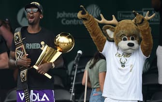 MILWAUKEE, WISCONSIN - JULY 22: Bobby Portis celebrates with the Larry O'Brien trophy during the Milwaukee Bucks 2021 NBA Championship Victory Parade and Rally in the Deer District of Fiserv Forum on July 22, 2021 in Milwaukee, Wisconsin. (Photo by Patrick McDermott/Getty Images)