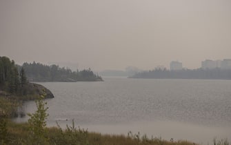 Heavy smoke from nearby wildfires fills the sky in Yellowknife, NT, Canada on Tuesday, August 15, 2023.Photo by Angela Gzowski/CP/ABACAPRESS.COM