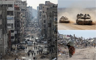 gaza in macerie, carri armati idf e un profugo palestinese
