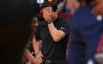 MIAMI, FLORIDA - JANUARY 22: Head Coach Erik Spoelstra of the Miami Heat reacts during the first half against the New Orleans Pelicans at Miami-Dade Arena on January 22, 2023 in Miami, Florida. NOTE TO USER: User expressly acknowledges and agrees that,  by downloading and or using this photograph,  User is consenting to the terms and conditions of the Getty Images License Agreement. (Photo by Eric Espada/Getty Images)