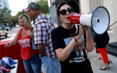TAMPA, FLORIDA - OCTOBER 05: Laura Loomer shows her support for former President Donald Trump outside a campaign event for Republican presidential candidate Florida Gov. Ron DeSantis at The Vault on October 05, 2023 in Tampa, Florida. Ron DeSantis held the campaign event with Florida sheriffs after receiving endorsements from 60 bipartisan Florida law enforcement officers.  (Photo by Joe Raedle/Getty Images)