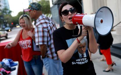 TAMPA, FLORIDA - OCTOBER 05: Laura Loomer shows her support for former President Donald Trump outside a campaign event for Republican presidential candidate Florida Gov. Ron DeSantis at The Vault on October 05, 2023 in Tampa, Florida. Ron DeSantis held the campaign event with Florida sheriffs after receiving endorsements from 60 bipartisan Florida law enforcement officers.  (Photo by Joe Raedle/Getty Images)