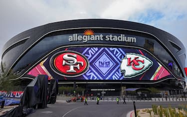 LAS VEGAS, NEVADA - FEBRUARY 01: A video board displays logos for Super Bowl LVIII at Allegiant Stadium on February 01, 2024 in Las Vegas, Nevada. The game will be played on February 11, 2024, between the Kansas City Chiefs and the San Francisco 49ers. (Photo by Ethan Miller/Getty Images)