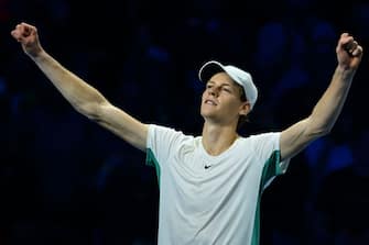 Italy's Jannik Sinner celebrates after winning his round-robin match against Serbia's Novak Djokovic on day 3 of the ATP Finals tennis tournament in Turin on November 14, 2023. (Photo by Tiziana FABI / AFP) (Photo by TIZIANA FABI/AFP via Getty Images)