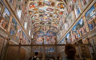 Sistine Chapel (Cappella Sistina) interior with frescoes by Michelangelo including The Last Judgment, Apostolic Palace, Vatican Museums, Rome, Italy