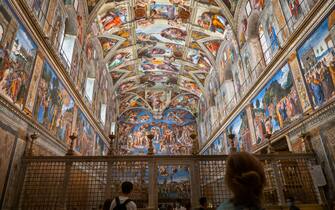 Sistine Chapel (Cappella Sistina) interior with frescoes by Michelangelo including The Last Judgment, Apostolic Palace, Vatican Museums, Rome, Italy