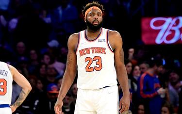 NEW YORK, NEW YORK - OCTOBER 24:  Mitchell Robinson #23 of the New York Knicks reacts against the Orlando Magic at Madison Square Garden on October 24, 2021 in New York City. NOTE TO USER: User expressly acknowledges and agrees that, by downloading and or using this photograph, user is consenting to the terms and conditions of the Getty Images License Agreement. (Photo by Steven Ryan/Getty Images)