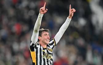 Juventus' Andrea Cambiaso jubilates after scoring the gol (1-0) during the italian Serie A soccer match Juventus FC vs Hellas Verona FC at the Allianz Stadium in Turin, Italy, 28 october 2023 ANSA/ALESSANDRO DI MARCO