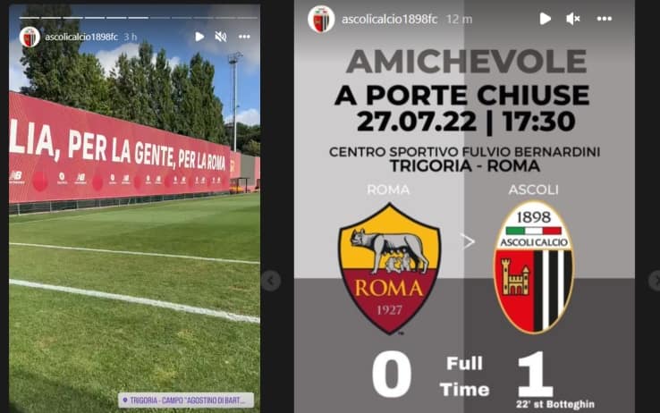 Le stories sul profilo Instagram dell'Ascoli, con il campo di Trigoria e il risultato finale