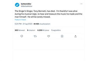 Il post di Bette Midler dedicato a Tony Bennett