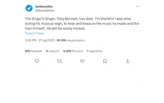 Il post di Bette Midler dedicato a Tony Bennett