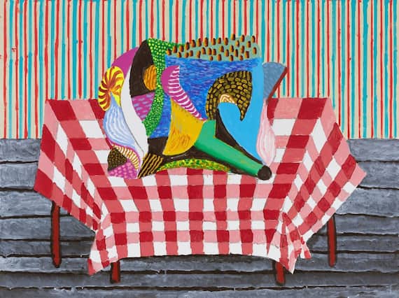 David Hockney, Abstraction Resting on a Red and White Checkered Tablecloth, 2025. Acrylic on canvas, 36 x 48 in. (91.4 x 121.9 cm) © David Hockney. Photo: Prudence Cuming