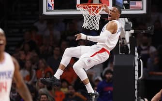 PHOENIX, ARIZONA - APRIL 09: Russell Westbrook #0 of the LA Clippers reacts after a slam dunk against the Phoenix Suns during the first half of the NBA game at Footprint Center on April 09, 2024 in Phoenix, Arizona.  NOTE TO USER: User expressly acknowledges and agrees that, by downloading and or using this photograph, User is consenting to the terms and conditions of the Getty Images License Agreement.  (Photo by Christian Petersen/Getty Images)