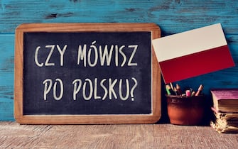 Una lavagna con una scritta in polacco a chalkboard with the question czy mowisz po polsku?, do you speak Polish? written in Polish, a pot with pencils, some books and the flag of Poland