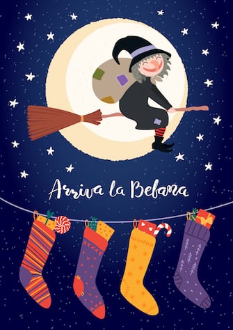 Hand drawn vector illustration with witch Befana flying on broomstick, stockings, Italian text Arriva la Befana, Befana arrives. Flat style design. Concept for Epiphany holiday card, poster, banner.