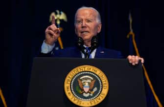 US President Joe Biden speaks during the South Carolina's First in the Nation Dinner at the South Carolina State Fairgrounds in Columbia, South Carolina, on January 27, 2024. (Photo by Kent Nishimura / AFP) (Photo by KENT NISHIMURA/AFP via Getty Images)