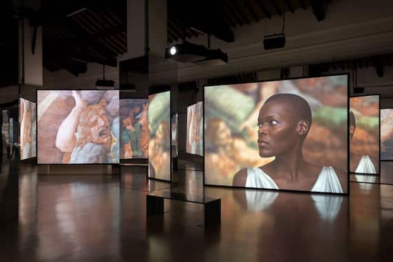 Installation view, Isaac Julien, All That Changes You. Metamorphosis, Palazzo Te, Mantova, 4 October 2025 – 01 February 2026. Courtesy the artist, Victoria Miro and Jessica Silverman. © The artist. Photo: Andrea Rossetti / Palazzo Te