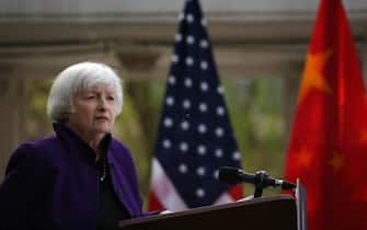 epaselect epa11265068 US Treasury Secretary Janet Yellen attends a press conference in Beijing, China, 08 April 2024. Secretary Yellen is on a six-day visit to China.  EPA/ANDRES MARTINEZ CASARES