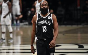 BROOKLYN, NY - JUNE 19: James Harden #13 of the Brooklyn Nets looks on during a game against the Milwaukee Bucks during Round 2, Game 7 on June 19, 2021 at Barclays Center in Brooklyn, New York. NOTE TO USER: User expressly acknowledges and agrees that, by downloading and/or using this Photograph, user is consenting to the terms and conditions of the Getty Images License Agreement. Mandatory Copyright Notice: Copyright 2021 NBAE (Photo by David Dow/NBAE via Getty Images) 
