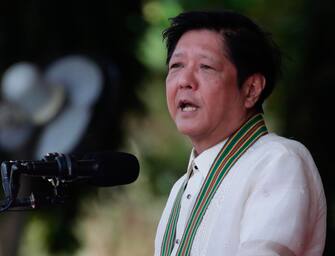 epa10535966 Filipino President Ferdinand 'Bongbong' Marcos Junior speaks during the Philippine Army s anniversary celebration inside a military camp in Taguig city, Metro Manila, Philippines, 22 March 2023. Marcos led the traditional military parade and review of the Philippine Army's 126th anniversary. The Philippine Army was founded in 22 March 1897, the oldest and largest branch of the Armed Forces of the Philippines.  EPA/FRANCIS R. MALASIG