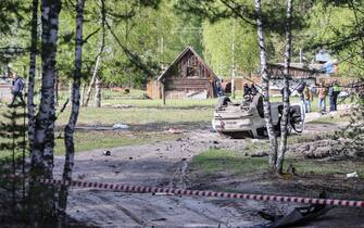 RUSSIA, NIZHNY NOVGOROD REGION - MAY 6, 2023: A view shows the wreckage left of writer Zakhar Prilepin’s car after a car bomb explosion near the village of Pionersky. According to recent data, Prilepin has been brought to hospital with injuries to his legs, his driver dead. Stringer/TASS/Sipa USA