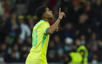 epa11245855 Brazil's Rodrygo Goes celebrates after scoring the 2-1 goal during the international friendly soccer match between Spain and Brazil, in Madrid, Spain, 26 March 2024.  EPA/Kiko Huesca