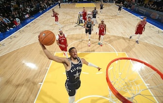 INDIANAPOLIS, IN - FEBRUARY 18: Tyrese Haliburton #0 of the Eastern Conference drives to the basket during the game against the Western Conference during the NBA All-Star Game as part of NBA All-Star Weekend on Sunday, February 18, 2024 at Gainbridge Fieldhouse in Indianapolis, Indiana. NOTE TO USER: User expressly acknowledges and agrees that, by downloading and/or using this Photograph, user is consenting to the terms and conditions of the Getty Images License Agreement. Mandatory Copyright Notice: Copyright 2024 NBAE (Photo by Nathaniel S. Butler/NBAE via Getty Images)