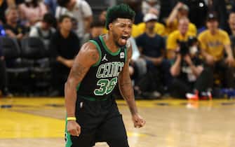 SAN FRANCISCO, CALIFORNIA - JUNE 13: Marcus Smart #36 of the Boston Celtics celebrates a play during the third quarter against the Golden State Warriors in Game Five of the 2022 NBA Finals at Chase Center on June 13, 2022 in San Francisco, California. NOTE TO USER: User expressly acknowledges and agrees that, by downloading and/or using this photograph, User is consenting to the terms and conditions of the Getty Images License Agreement. (Photo by Ezra Shaw/Getty Images)