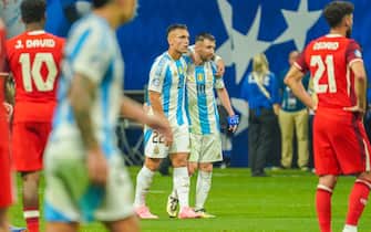 Atlanta, Georgia, USA, June 20, 2024,  Argentina forward Lionel Messi #10 and Lautaro Martínez #22 during the 2024 Copa America at Mercedes-Benz Stadium.  (Photo by Marty Jean-Louis/Sipa USA)