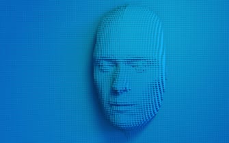 Human face made up of blue cubes. Artificial intelligence concept. 3d illustration.