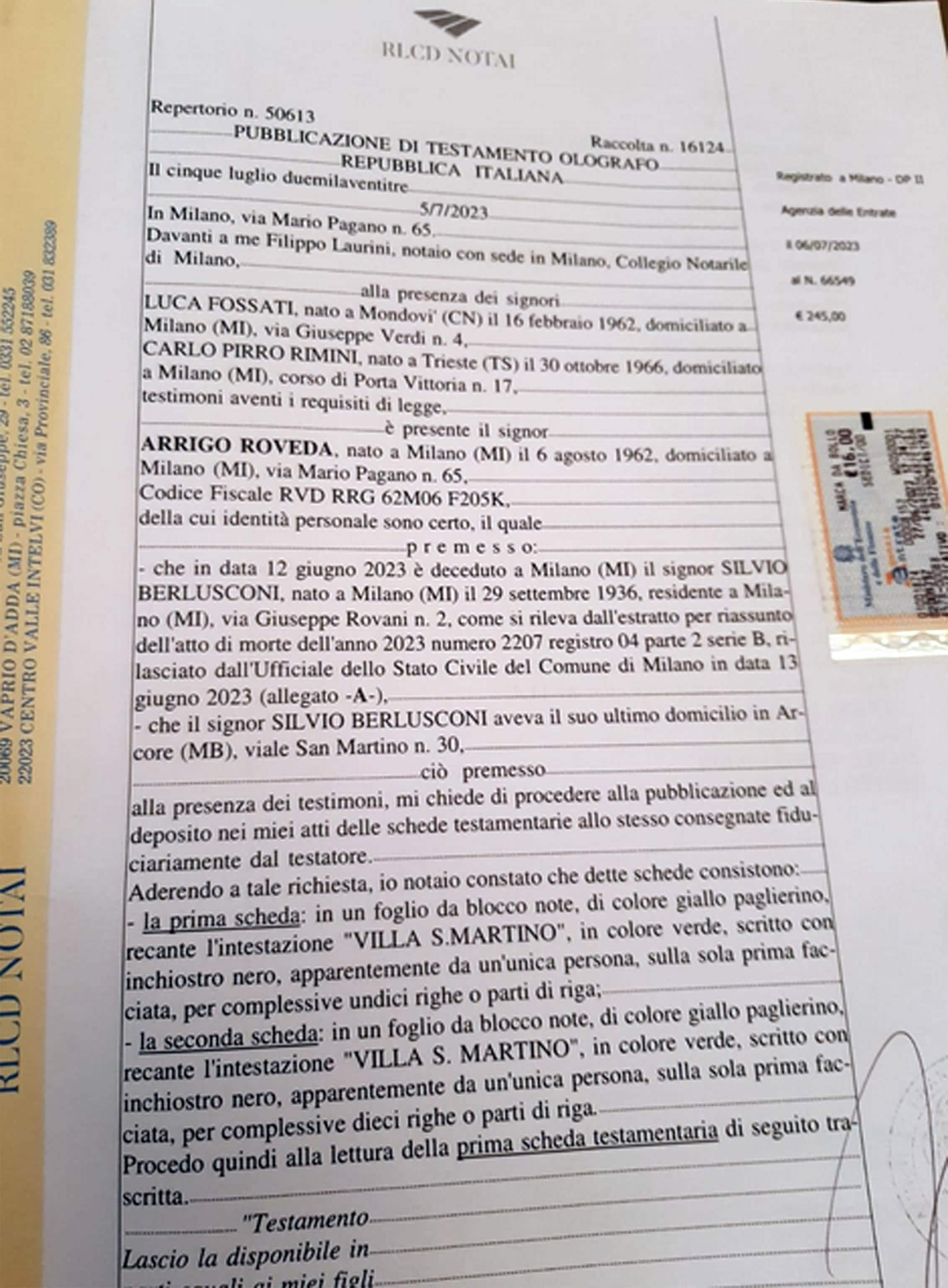 Il testamento di Silvio Berlusconi, 6 luglio 2023.
ANSA