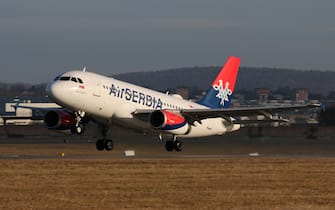 Stuttgart, Germany – December 27, 2016: Air Serbia, Airbus A319 is taking off at Stuttgart Airport