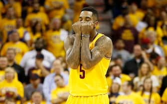 CLEVELAND, OH - MAY 24:  J.R. Smith #5 of the Cleveland Cavaliers reacts in the second quarter against the Atlanta Hawks during Game Three of the Eastern Conference Finals of the 2015 NBA Playoffs at Quicken Loans Arena on May 24, 2015 in Cleveland, Ohio. NOTE TO USER: User expressly acknowledges and agrees that, by downloading and or using this Photograph, user is consenting to the terms and conditions of the Getty Images License Agreement.  (Photo by Gregory Shamus/Getty Images)